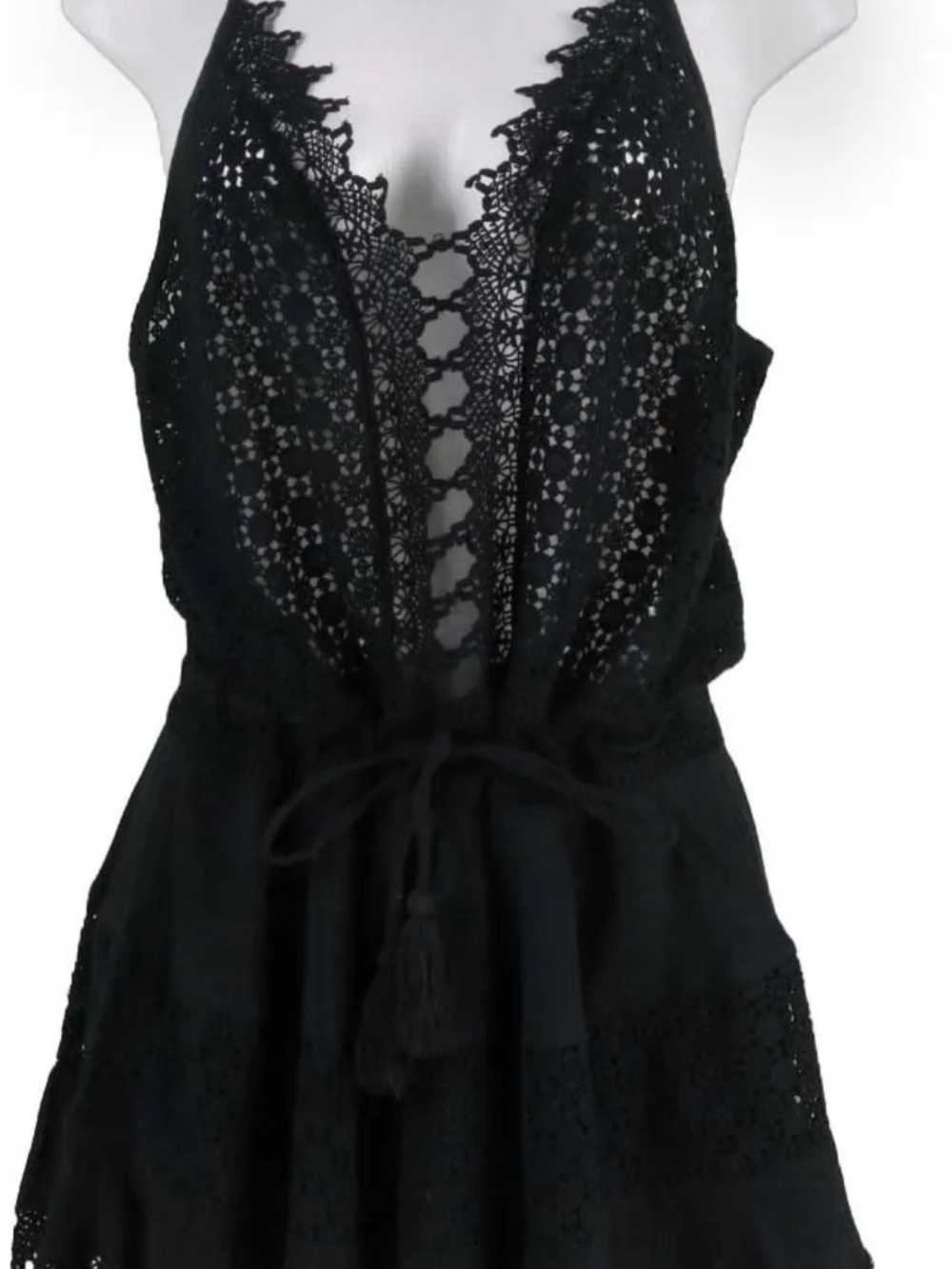 Surf Gypsy Black Lace Crochet V-Neck Dress with Tie Waist
